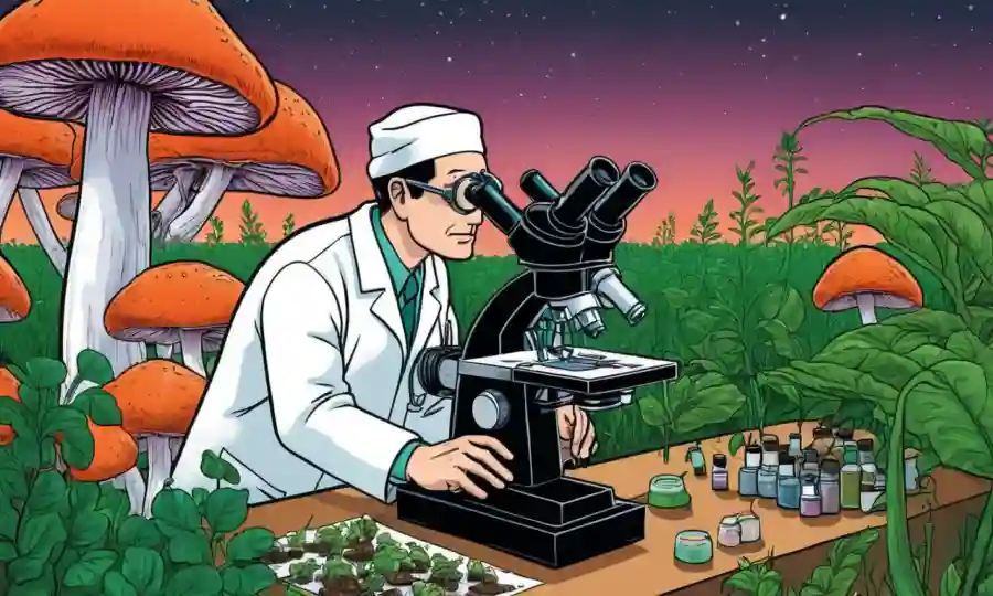 Científico de laboratorio de setas trabajando en microscopio con plantas agrícolas en el fondo.