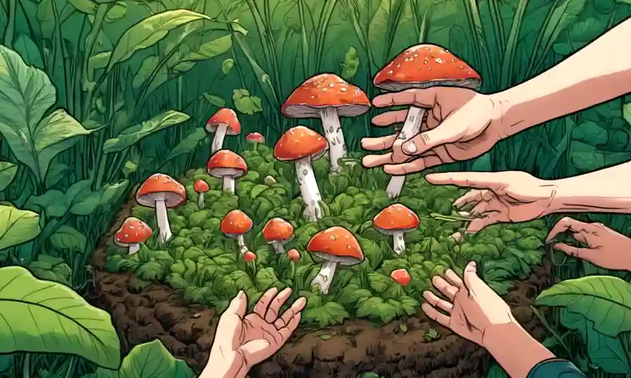 Manos coleccionando hongos en un campo rodeado de plantas verdes.