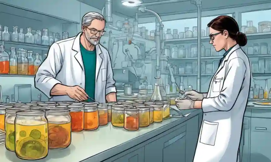 Microbiólogos que estudian platos petri de cultivos de fermentación en un laboratorio.