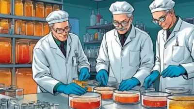 Científicos que estudian platos petri con cultivos de levadura