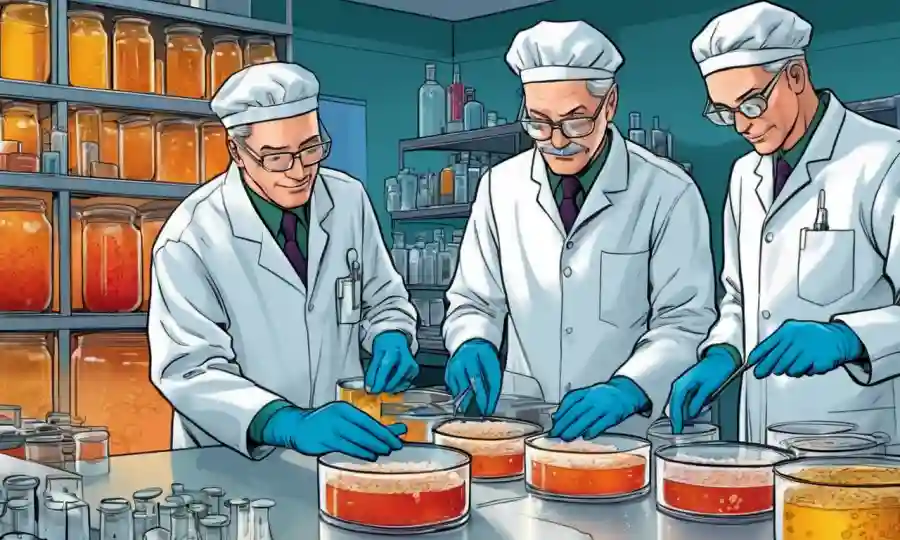 Científicos que estudian platos petri con cultivos de levadura