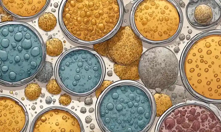 Imágenes microscópicas de células de levadura en medio de ilustraciones de equipos de fermentación.
