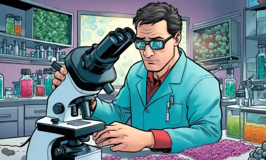 Científico examinando cultivos de microbios a través de un microscopio en un entorno de laboratorio.