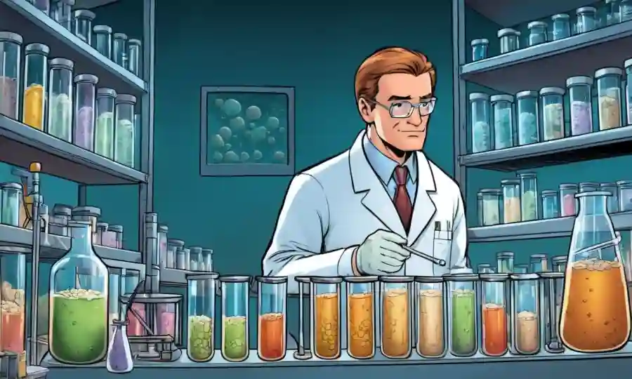 Microbiólogo examinando tubos de ensayo que contienen culturas de levadura en un entorno de laboratorio.