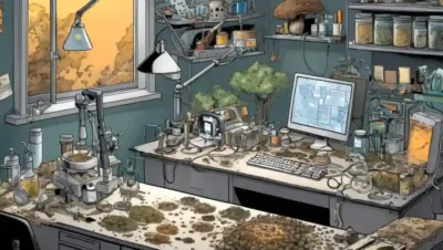 Scientists workstation covered in fungi species samples and testing equipment.