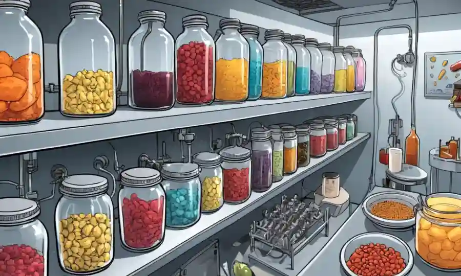 Equipo de laboratorio y diversas muestras de alimentos que se están realizando en proceso de fermentación.