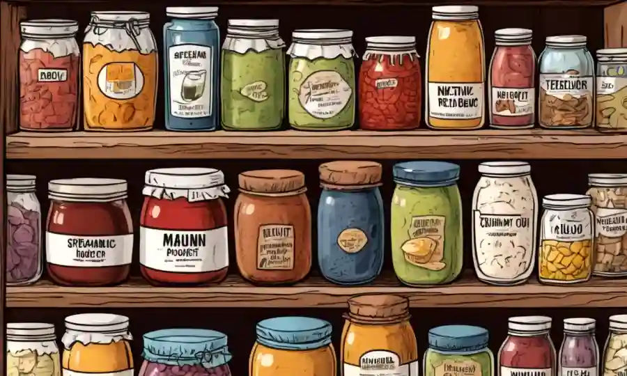 Diferentes tipos de productos fermentados dispuestos sobre una mesa o estantes.