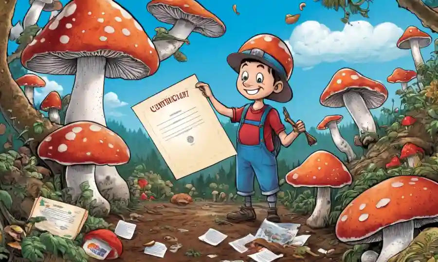 Una máquina de setas con un certificado, rodeado de hongos y materiales educativos.