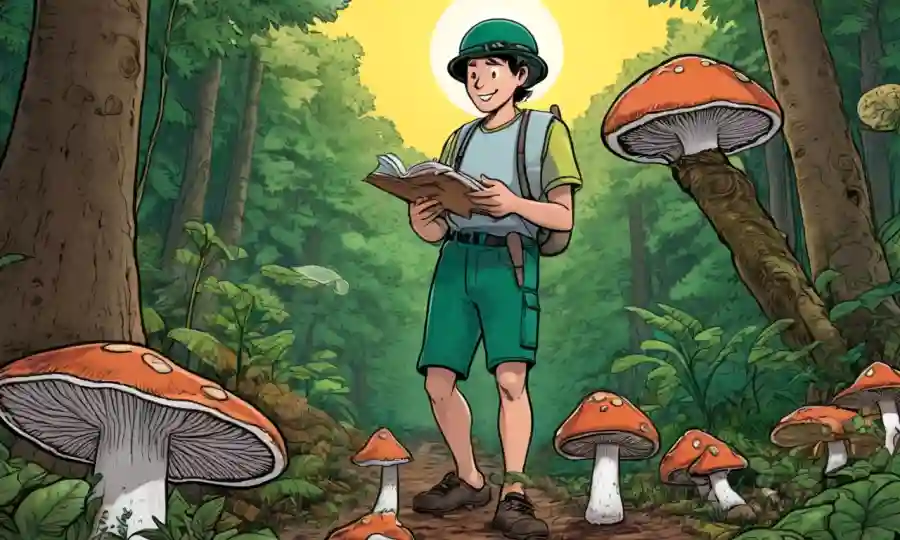 Una persona que recoge hongos en medio de un frondoso fondo forestal, con certificados de conservación y pautas de cosecha sostenibles mostradas.