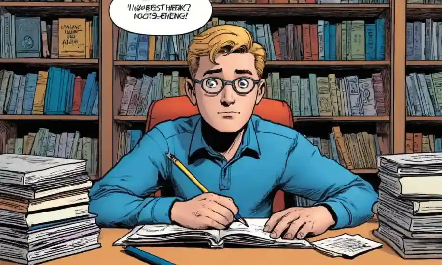 Un estudiante sentado en un escritorio, rodeado de libros y notas, con una burbuja de pensamiento final sobre su cabeza.