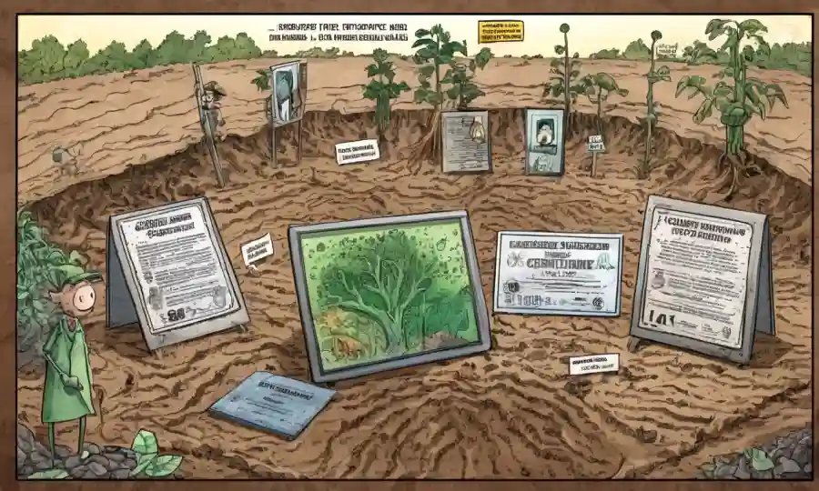 Una diversidad de certificaciones de microbios mostradas en una pantalla, rodeadas de textura y raíces del suelo.