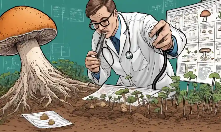 Científico estudiando raíces de hongos en muestras de suelo, con gráficos y diagramas que los rodean.