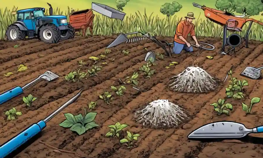 Imagen con microorganismos creciendo en suelo, rodeado de herramientas agrícolas, destacando su impacto en la eficiencia agrícola.