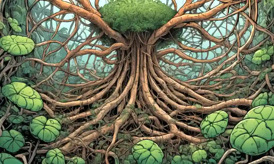 Una planta que cultiva raíces sanas rodeada de redes como hongos.
