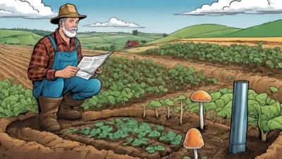 Agricultor observando el crecimiento de hongos en el suelo