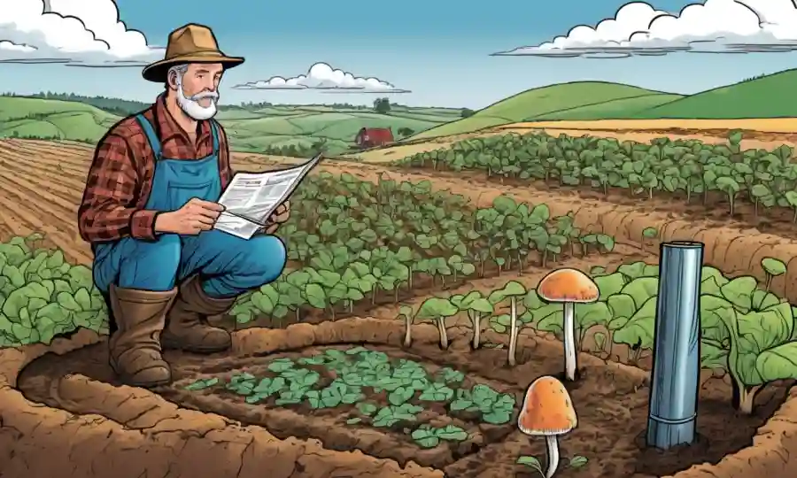 Agricultor observando el crecimiento de hongos en el suelo