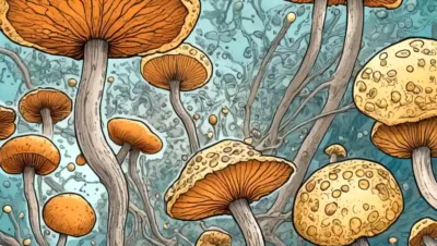 Las células de hongos microscópicos ilustradas dentro de un fondo de diagrama científico.