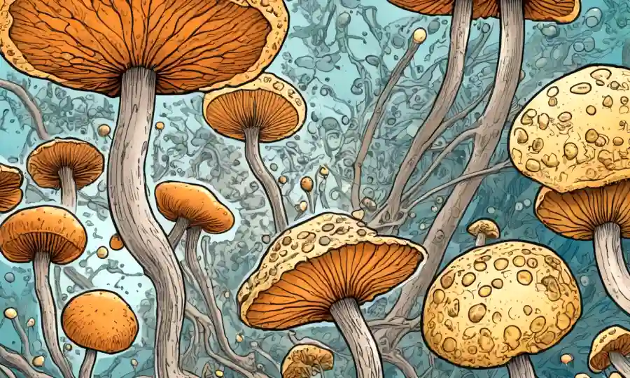Las células de hongos microscópicos ilustradas dentro de un fondo de diagrama científico.