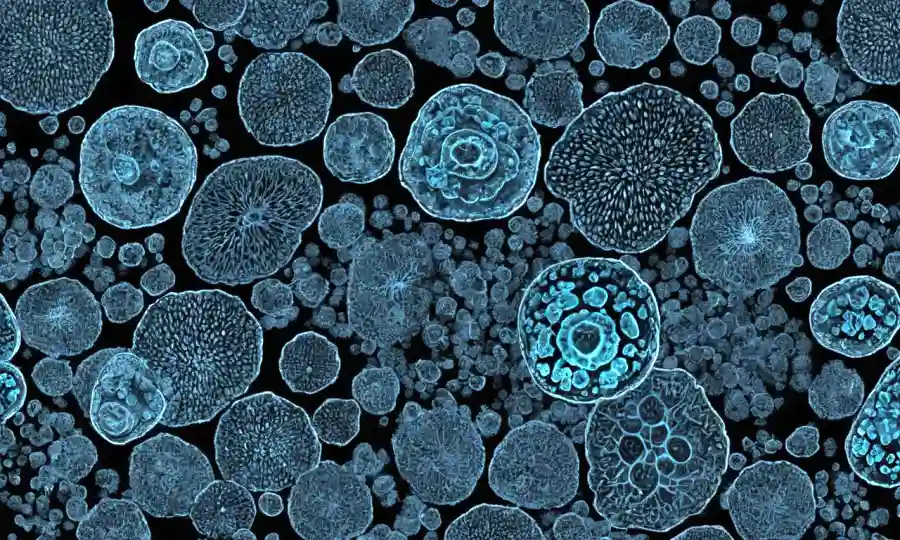 Estructuras fungosas microscópicas magnificadas en un fondo oscuro.