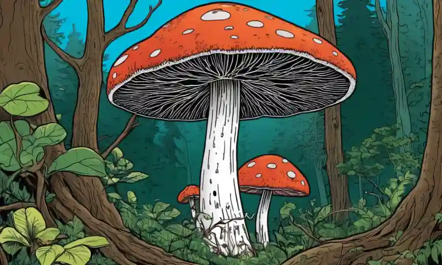El micelio de seta se entrelazó en un contexto ecológico con árboles y plantas.