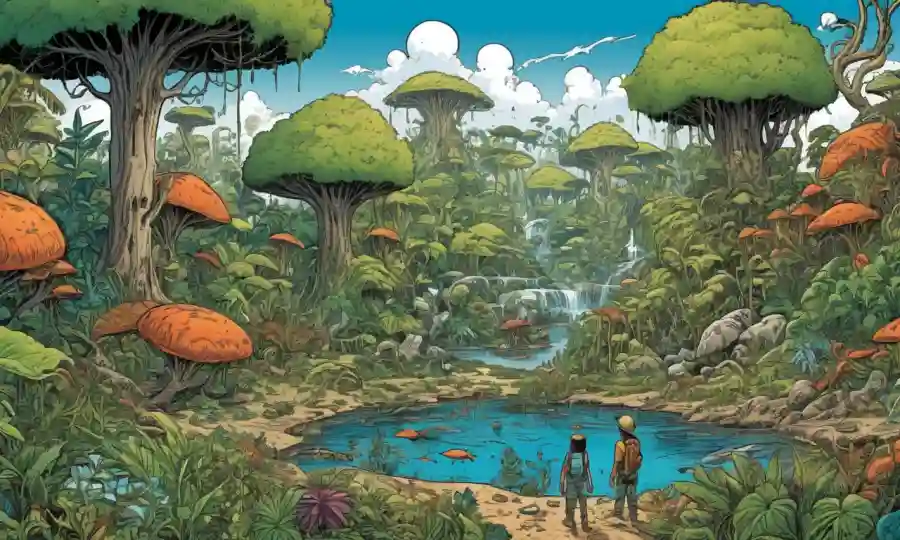 Gente, plantas y criaturas coexisten armoniosamente en múltiples ecosistemas y ambientes.