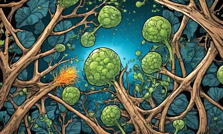 Roots magnified to show microorganisms and plant growth promotion.
