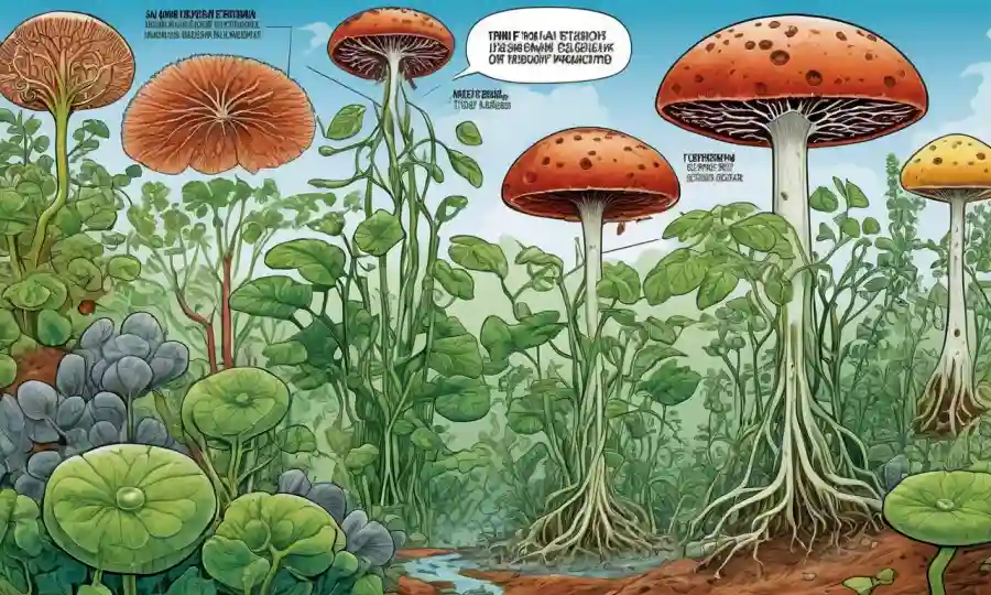 Un diagrama científico destacando los mecanismos de promoción del crecimiento de plantas por hongos endofiticos y bacterias.