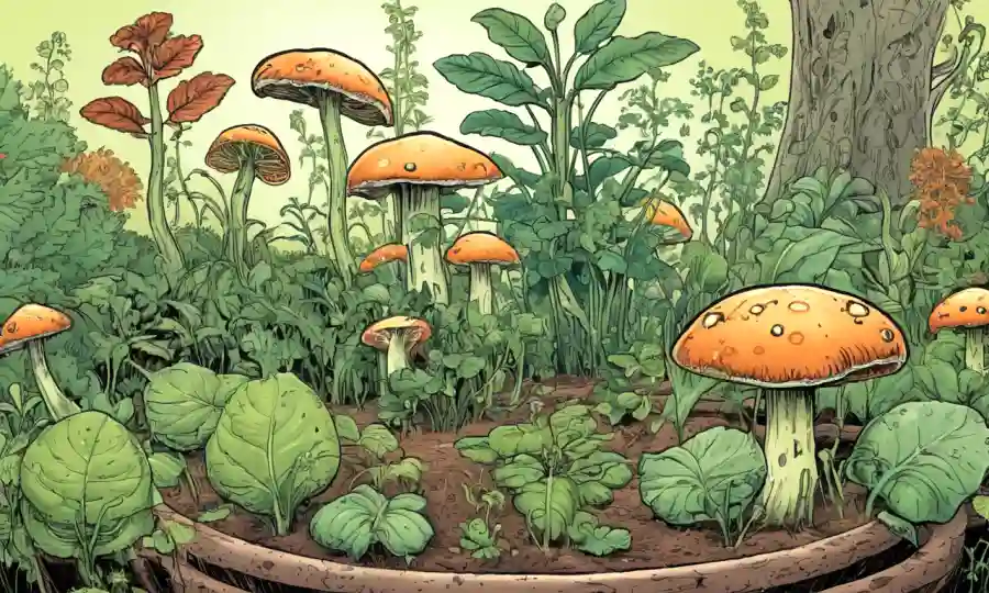 Plantas que crecen saludables con bacterias beneficiosas o hongos a su alrededor.