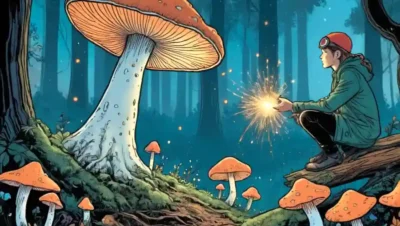 Una persona que observa hongos como hongos creciendo en la naturaleza