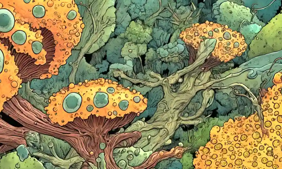 Estructuras microscópicas de hongos dentro de entornos naturales.