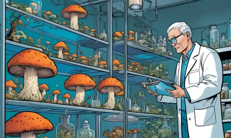 Un científico que investiga hongos medicinales en un laboratorio.