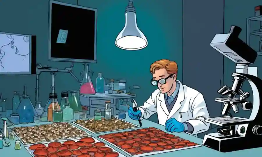 Científico estudiando muestras de hongos bajo microscopio en un laboratorio.