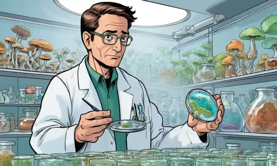 Un científico examina un plato de petri con varias culturas de hongos para la investigación y la prueba.