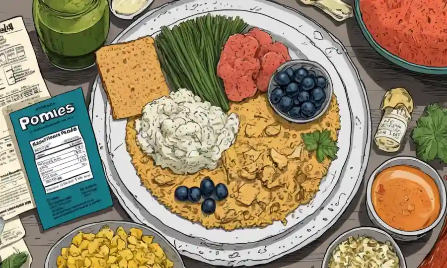 Un plato de alimentos fermentados con etiquetas nutricionales y notas cautelares.