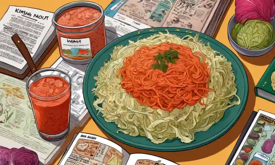 Un plato de alimentos fermentados como kimchi o sauerkraut rodeado de libros y notas nutricionales.
