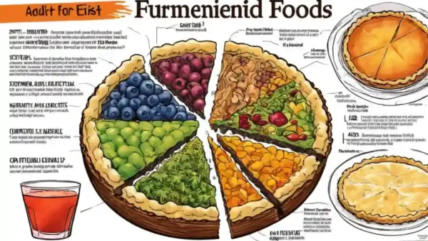 Alimentos fermentados propiedades nutricionales mostradas en un gráfico o gráfico de pasteles.