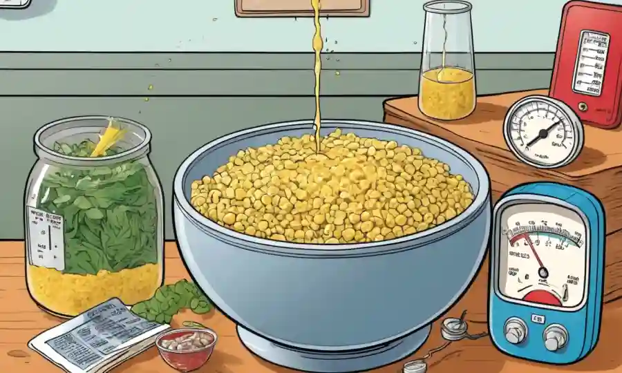Un cuenco de alimentos fermentados junto a un medidor de salud subiendo hacia arriba.