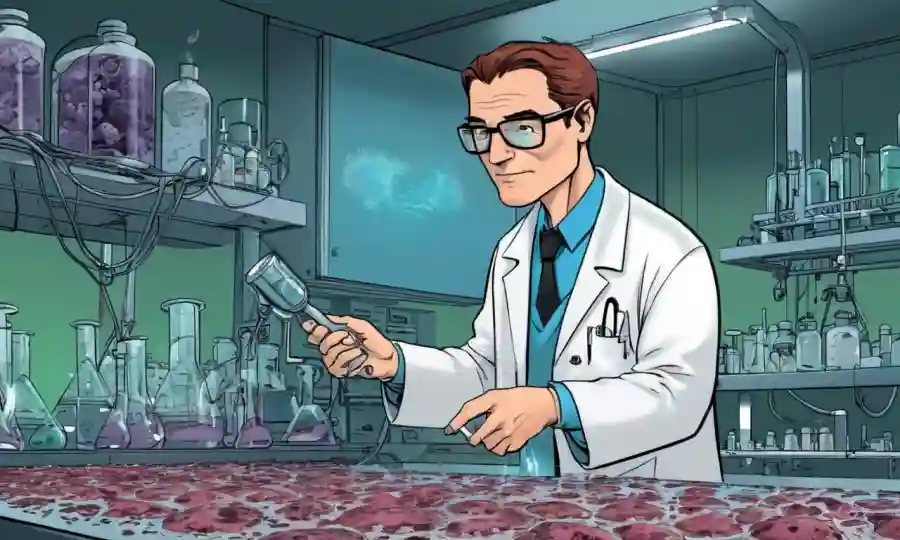 Científico que examina culturas fúngicas en un laboratorio utilizando equipos tecnológicos avanzados.