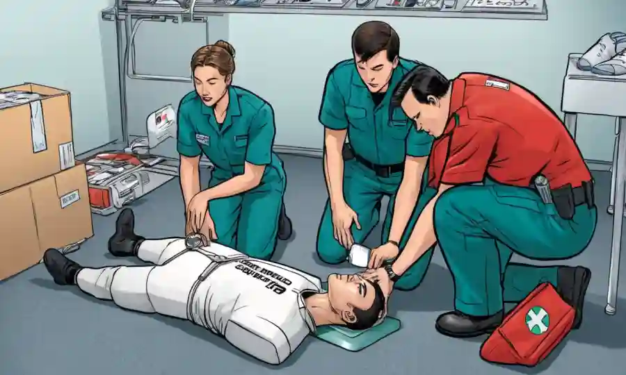 Una persona que sostiene su estómago en apuros, con guías médicos y llamadas telefónicas en el fondo.