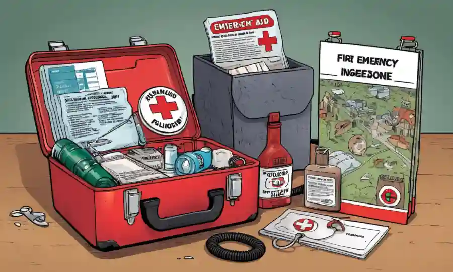 Un kit de primeros auxilios y teléfono de emergencia cerca