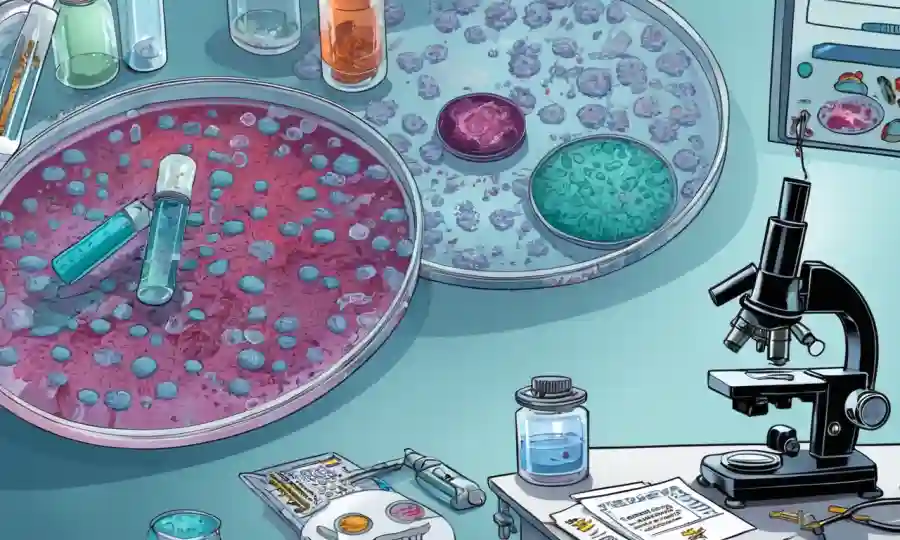 Un plato de petri infestado de microbios junto a un microscopio