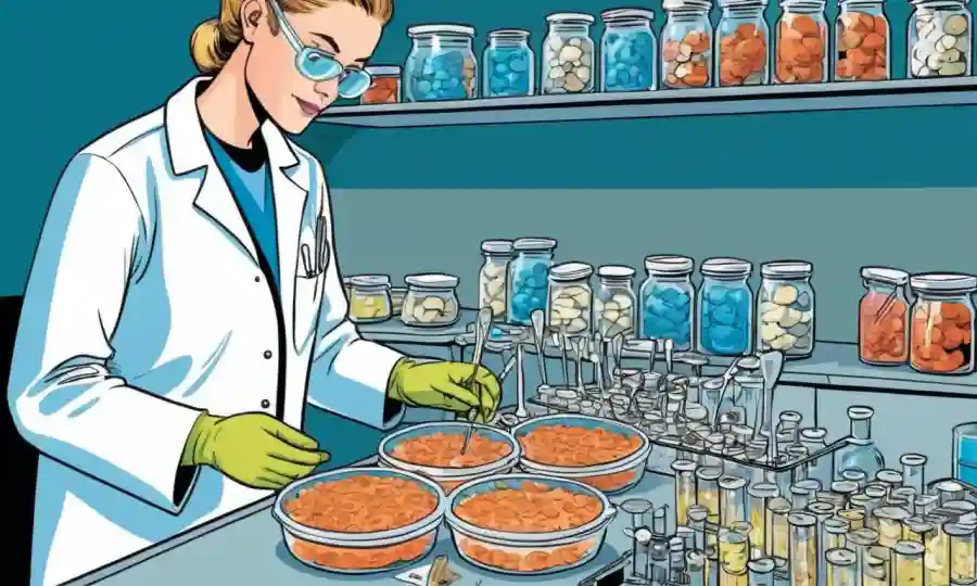 Técnico de laboratorio manejando cultivos de hongos en platos Petri con pipetas y notas de laboratorio.