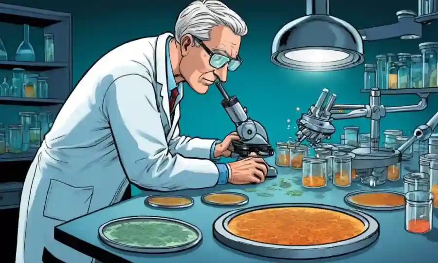 Científico bajo microscopio, viendo culturas de hongos en platos petri.