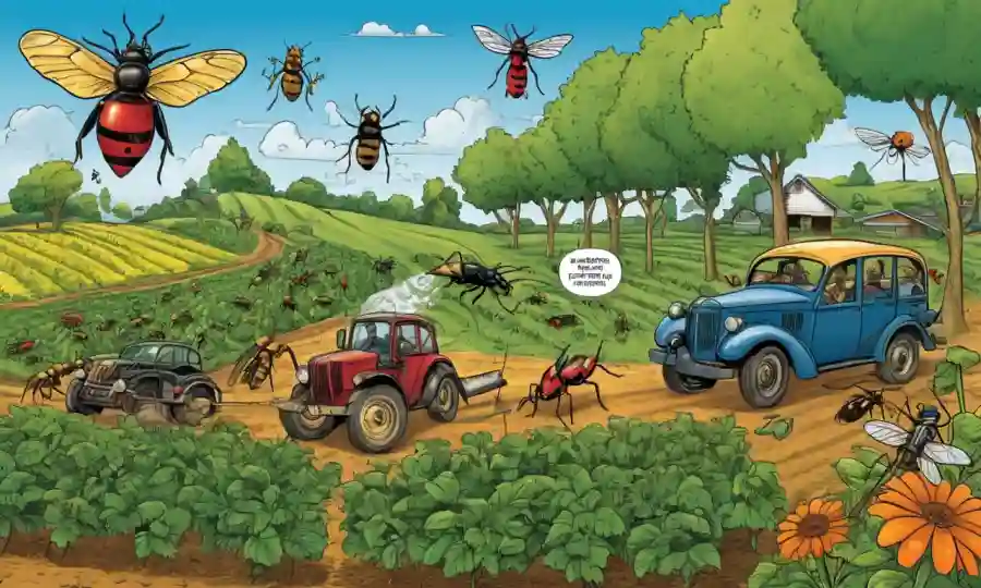 Ilustración de insectos en un entorno agrícola con diagramas de estrategias integradas de manejo de plagas.