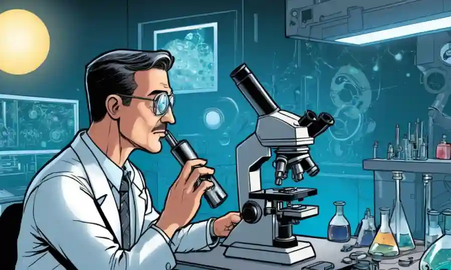 Científico reflexionando sobre un microscopio en un laboratorio con equipo futurista.