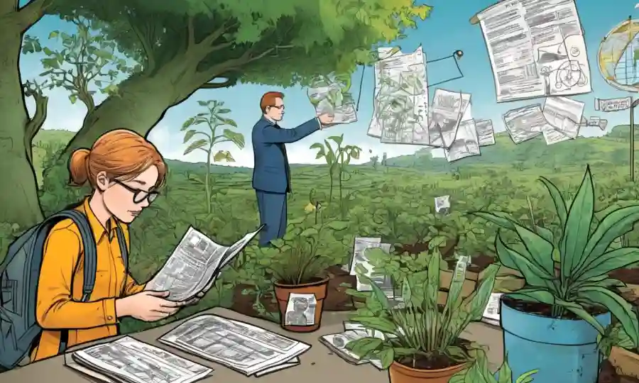 Persona examinando plantas en la naturaleza, rodeada de notas y gráficos de datos, con signos de conservación.