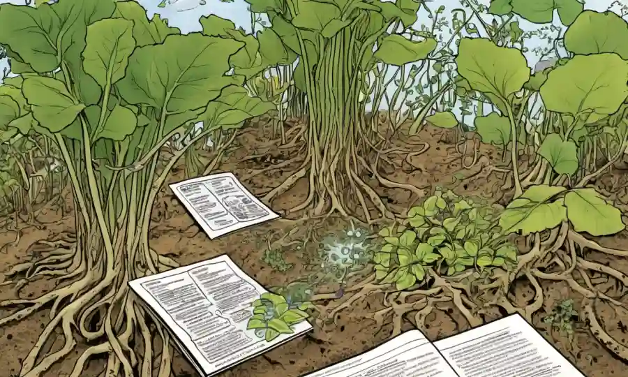 Imagen con microorganismos creciendo en raíces o hojas de plantas, con datos y mapas de proyectos de conservación.