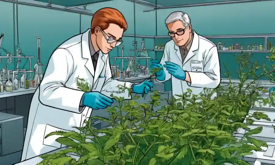 Científicos que examinan especímenes vegetales en un laboratorio de conservación.