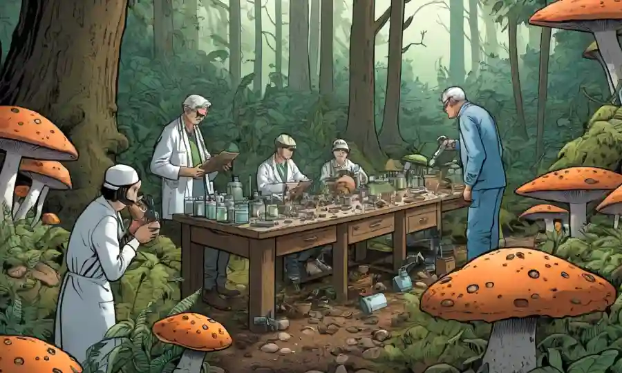 Gente en un bosque o en un laboratorio rodeado de hongos, observar, recolectar y analizar especímenes.
