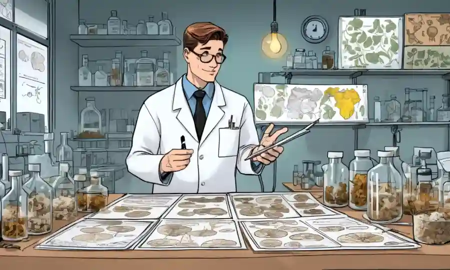 Investigador que contiene muestras de hongos en un entorno de laboratorio entre diagramas y diagramas de datos.